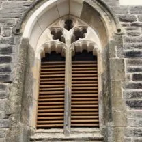 Image of the New Oak Louvres along with new masonry to Bellfry Openings